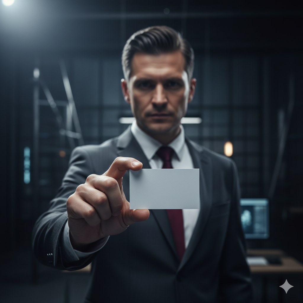 Hombre de traje mostrando tarjeta de contacto